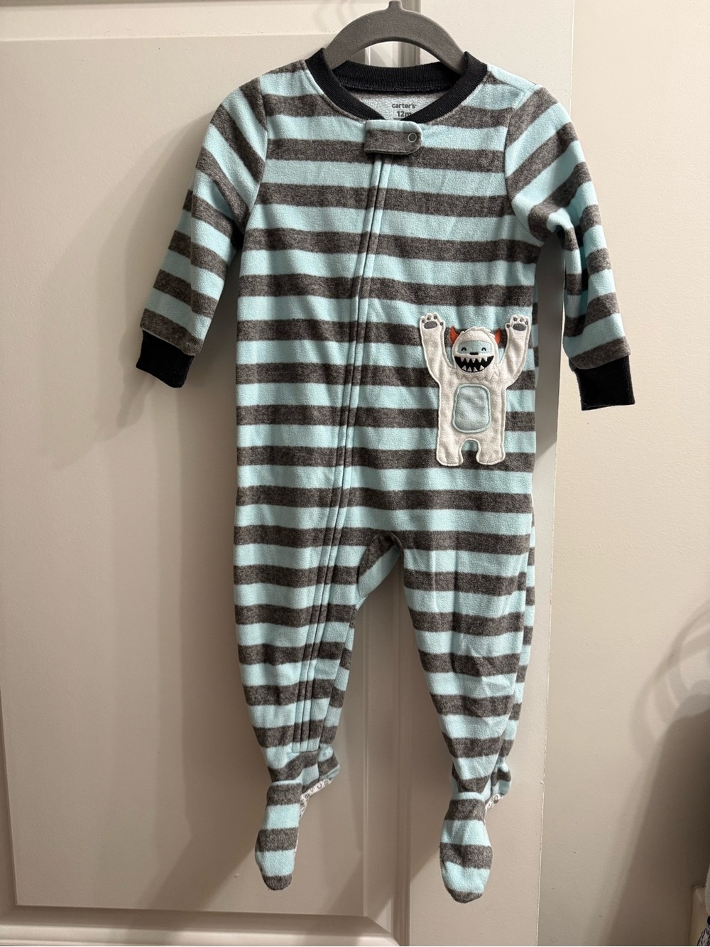 Carter's Light Blue and Gray Striped Footed One-Piece Pajama with Yeti Applique